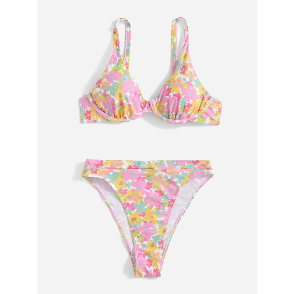 SHEIN Pink, Yellow & Green Floral Underwire Bikini Set